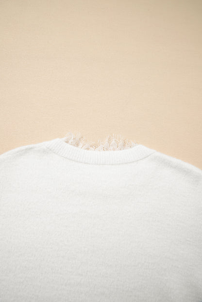 Beige Lace Sleeve Patchwork Faux Two-piece Fuzzy Sweater