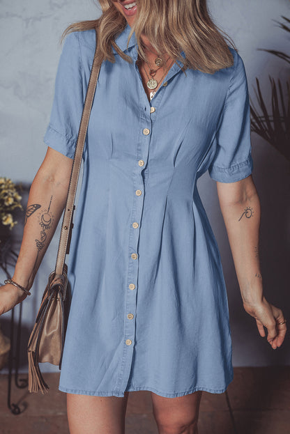 Myosotis Denim Pleated Slim Waist Short Sleeve Shirt Dress