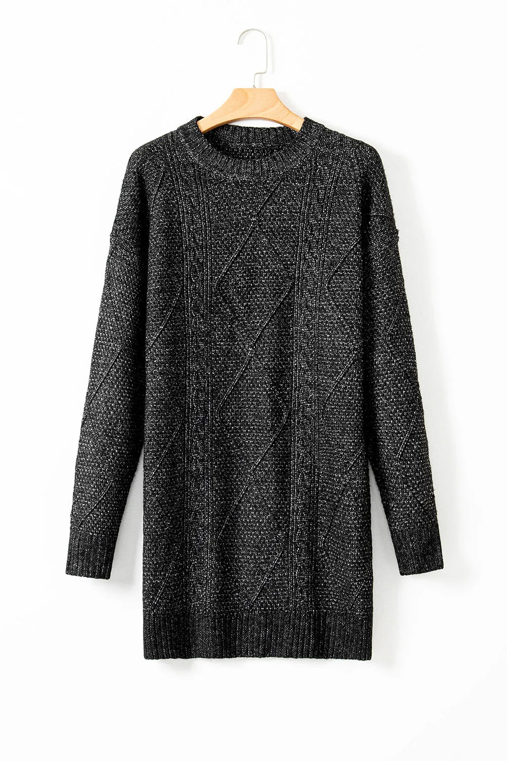 Black Cable Knit Drop Shoulder Loose Fit Sweater Dress - Chic Meadow Boutique 