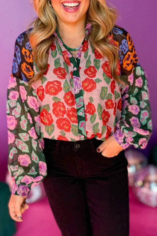 Red Colorblock Floral Printed Puff Sleeve Shirt - Chic Meadow Boutique 