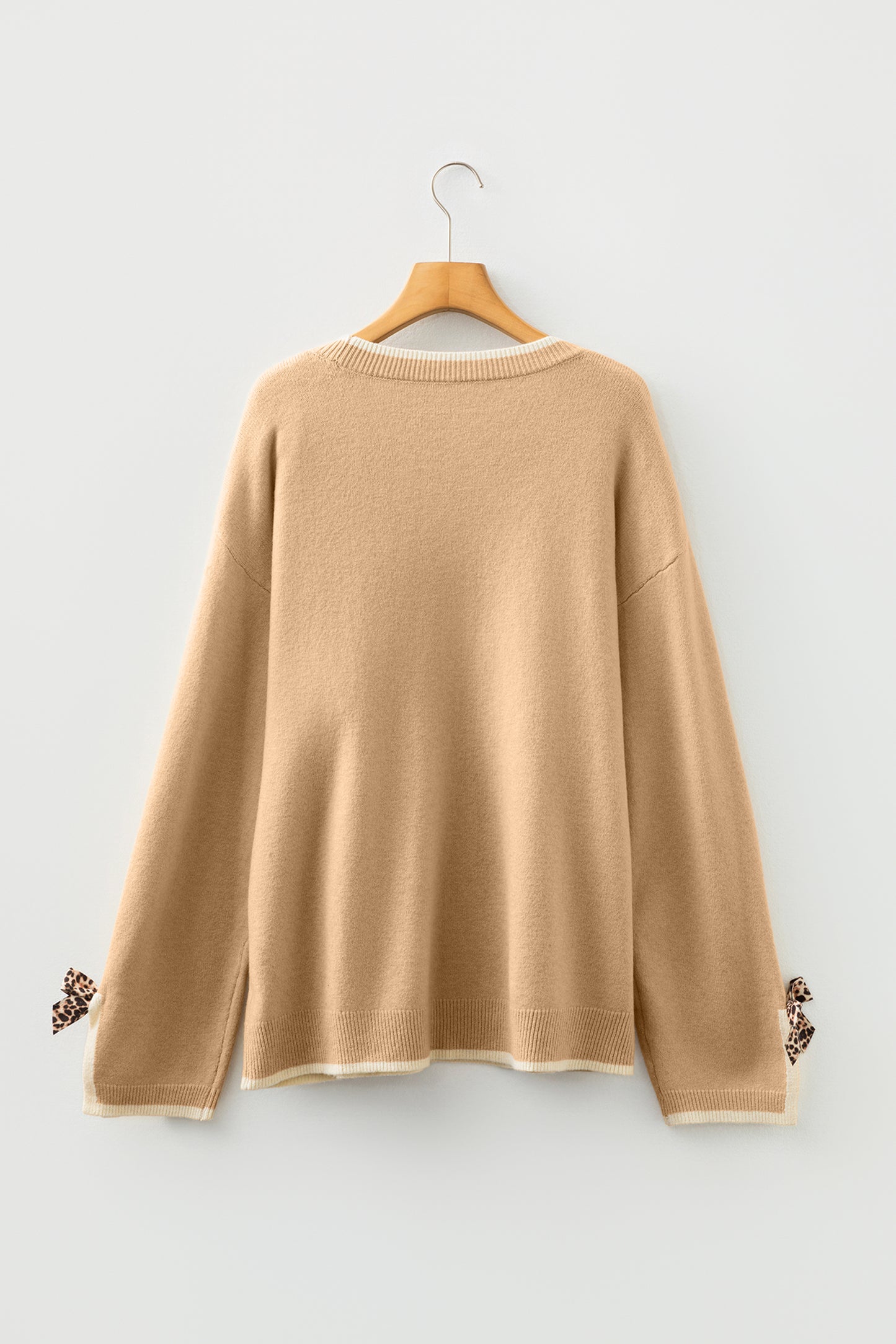 Tan Plus Size Leopard Bow Decor Split Cuffs Loose Sweater