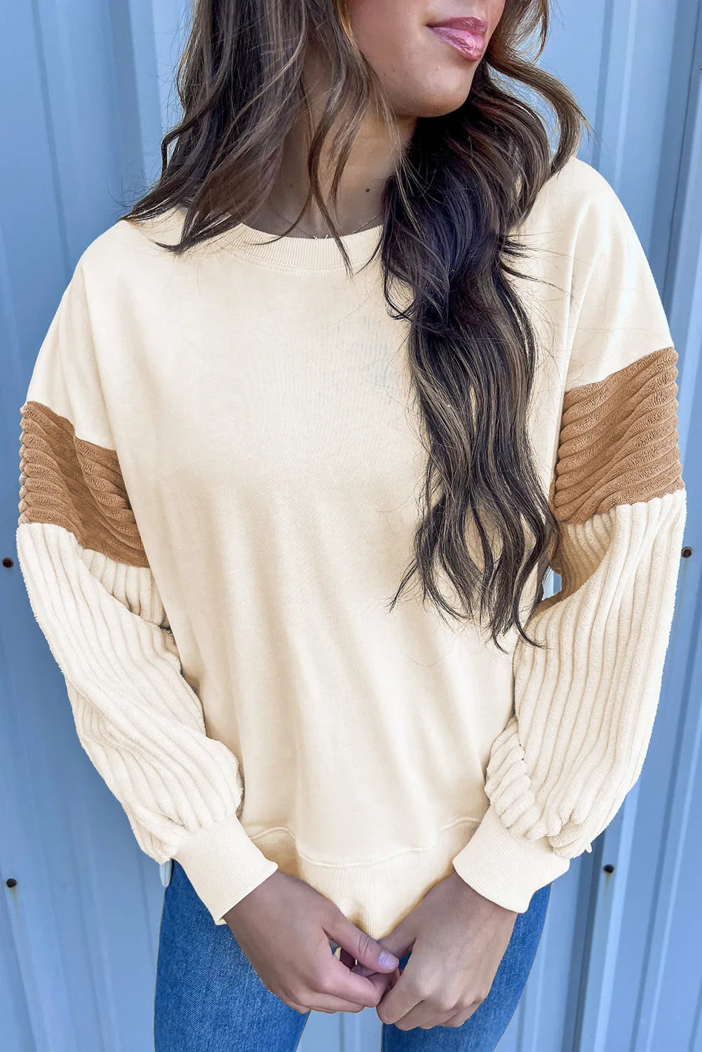 Tops/Sweatshirts & Hoodies Apricot / S / 50%Polyester+50%Cotton Apricot Corduroy Patchwork Drop Shoulder Long Sleeve Sweatshirt