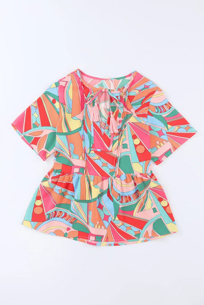 Multicolor Boho Abstract Pattern Split V Neck Flowy Blouse - Chic Meadow Boutique 