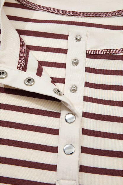 Red Dahlia Striped Print Drop Shoulder Long Sleeve Henley Top