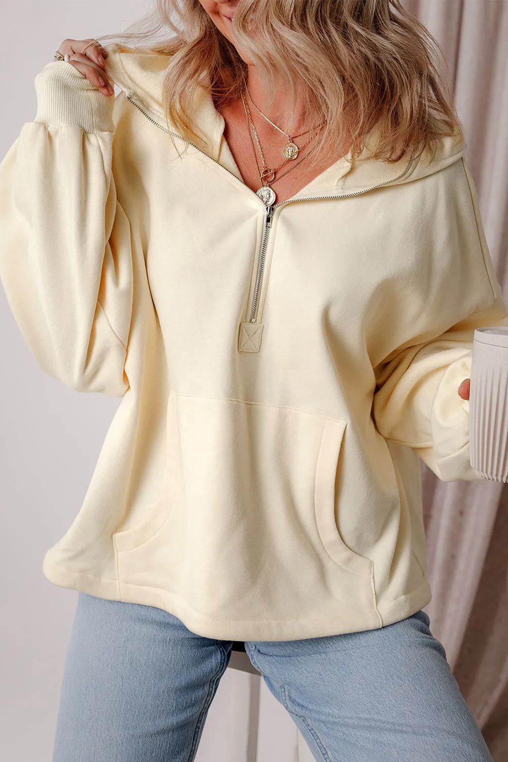 Beige Fleece Lined Half Zipper Kangaroo Pockets Loose Hoodie - Chic Meadow Boutique 