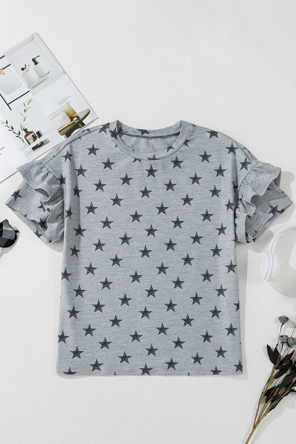 Gray Star Print Tiered Ruffled Sleeve Crew Neck T Shirt