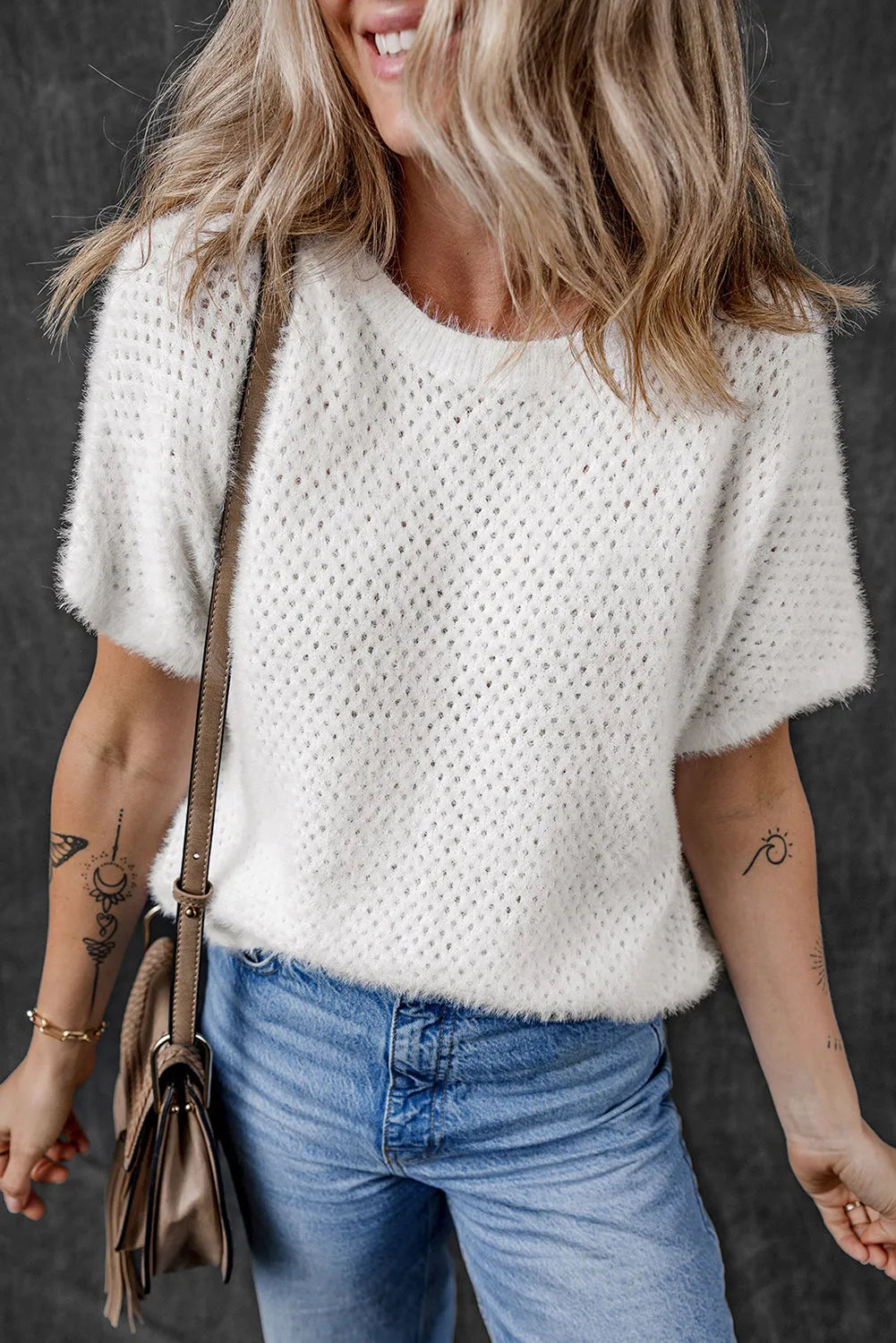 Tops/Short Sleeve Sweaters White Fuzzy Eyelet Knitted Sweater T-shirt