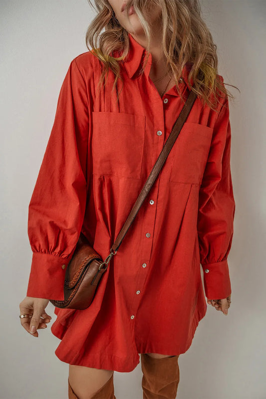 Tomato Red Bishop Sleeve Button Up Pleated Mini Shirt Dress - Chic Meadow Boutique 