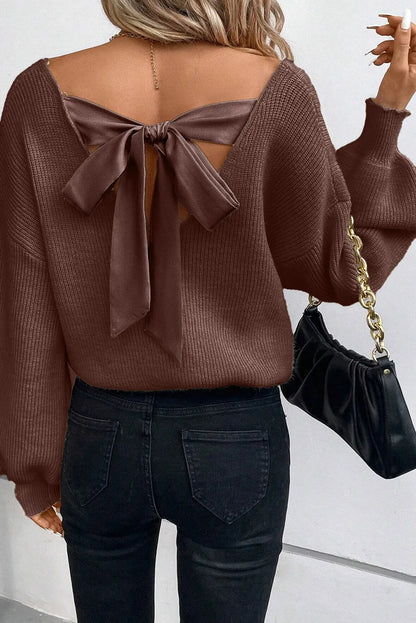 Coffee Lantern Sleeve V Neck Knot Back Sweater - Chic Meadow Boutique 