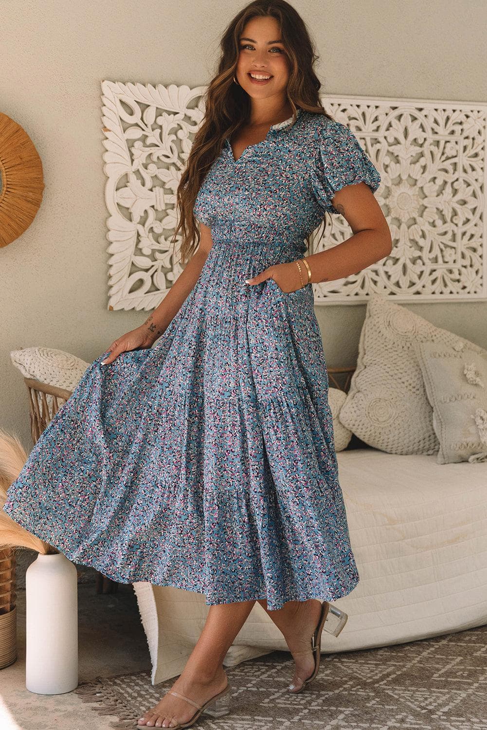 Dresses/Maxi Dresses Blue Printed V Neck Shirred Short Puff Sleeve Maxi Dress