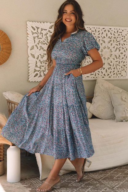 Dresses/Maxi Dresses Blue Printed V Neck Shirred Short Puff Sleeve Maxi Dress