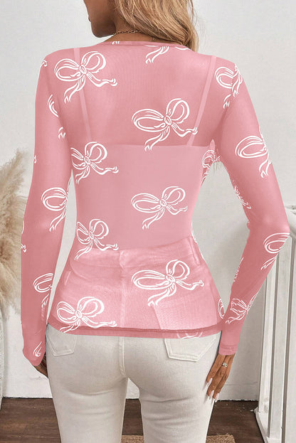 Pink Round Neck Bow Print Long Sleeve Mesh Top