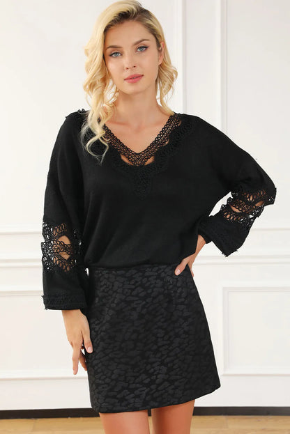 Black Hollowed Lace Splicing V Neck Loose Sweater - Chic Meadow Boutique 