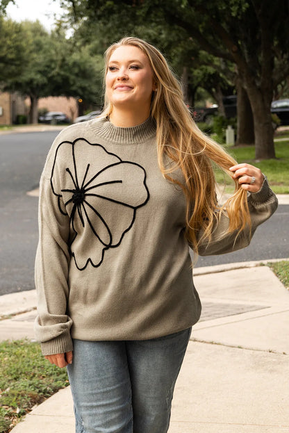 Dark Khaki Plus Size Big Flower Pattern High Neck Drop Shoulder Sweater - Chic Meadow Boutique 