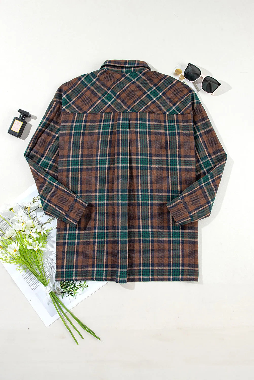 Brown Plaid Print Chest Pockets Buttoned Shirt Jacket - Chic Meadow Boutique 