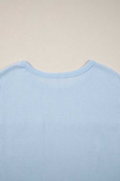 Light Blue Solid Color Raw Seam Waffled Patchwork Casual T Shirt