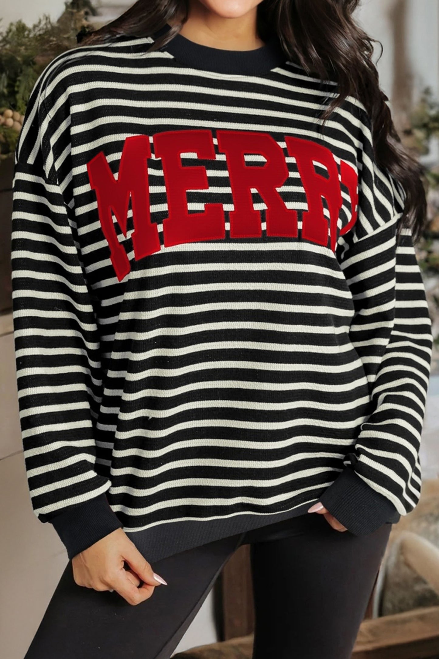 Black Stripe Contrast MERRY Letter Christmas Print Drop Shoulder Sweatshirt