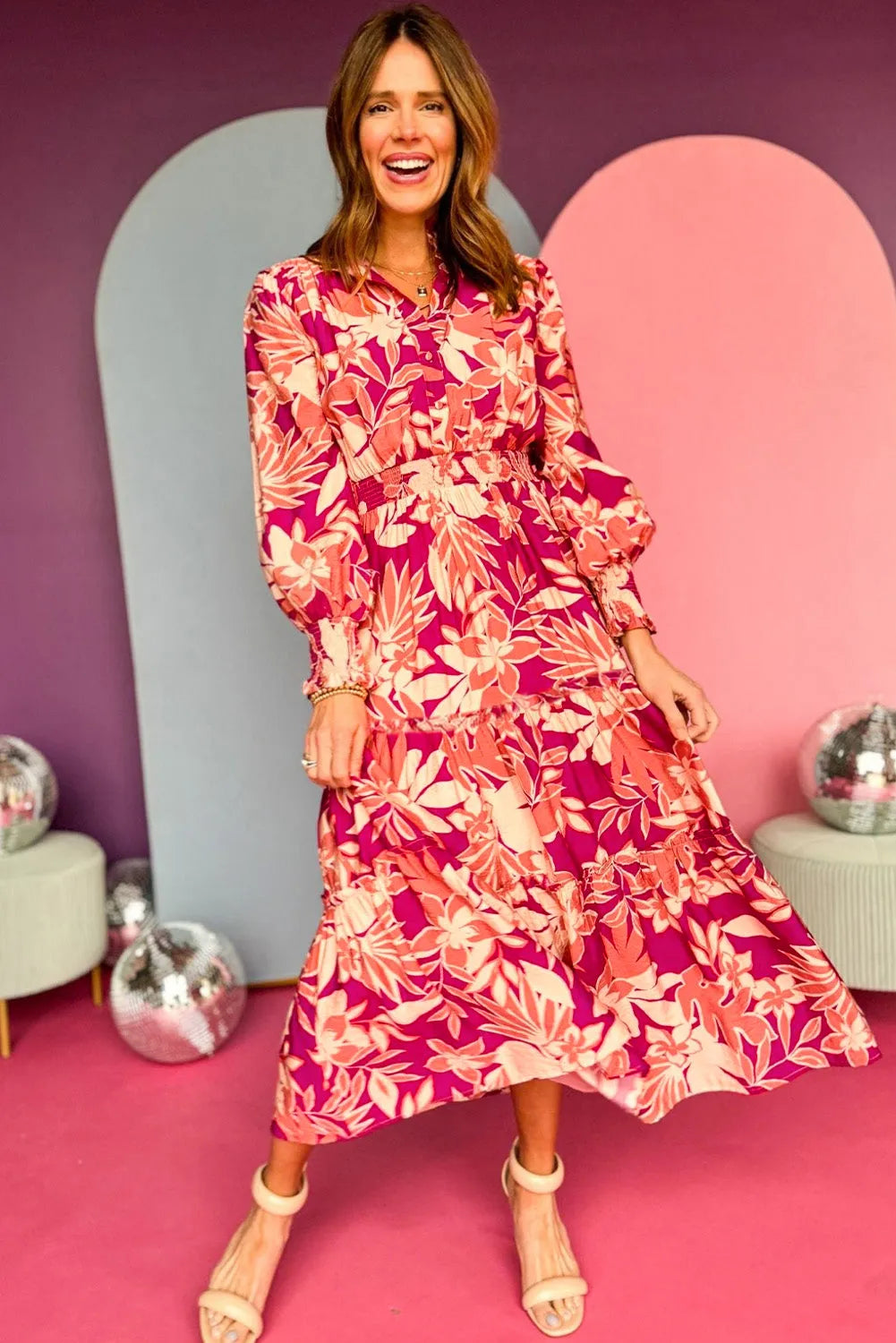 Rose Floral Print Buttoned Smocked High Waist Maxi Dress - Chic Meadow Boutique 