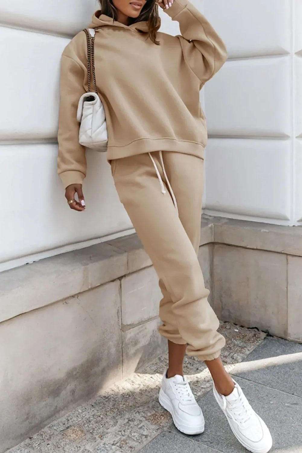 Two Piece Sets/Pant Sets Pale Khaki / S / 50%Polyester+50%Cotton Pale Khaki Chunky Two-piece Hooded Sweatsuit