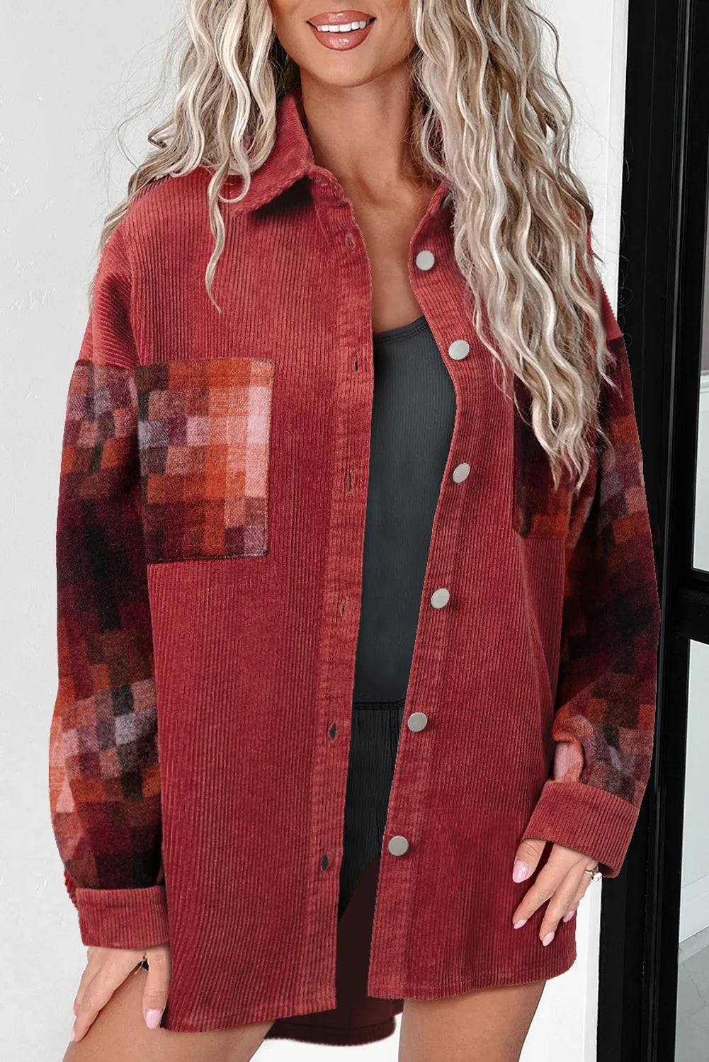 Gold Flame Checker Patchwork Raw Edge Oversized Corduroy Jacket - Chic Meadow Boutique 