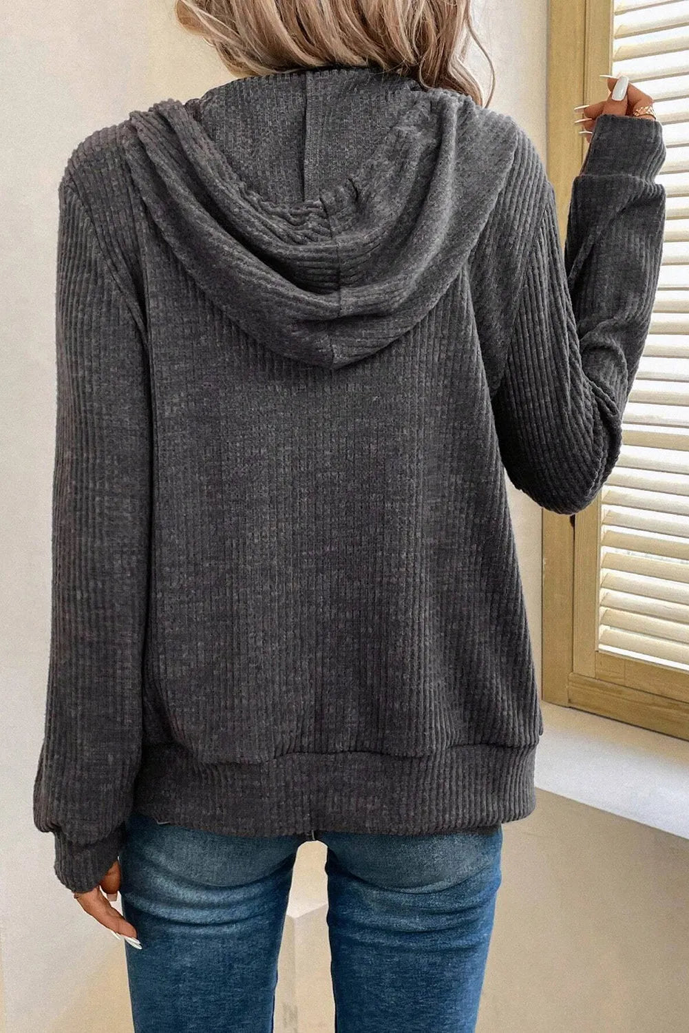 Dark Grey Ribbed Zip Up Front Drawstring Hoodie - Chic Meadow Boutique 