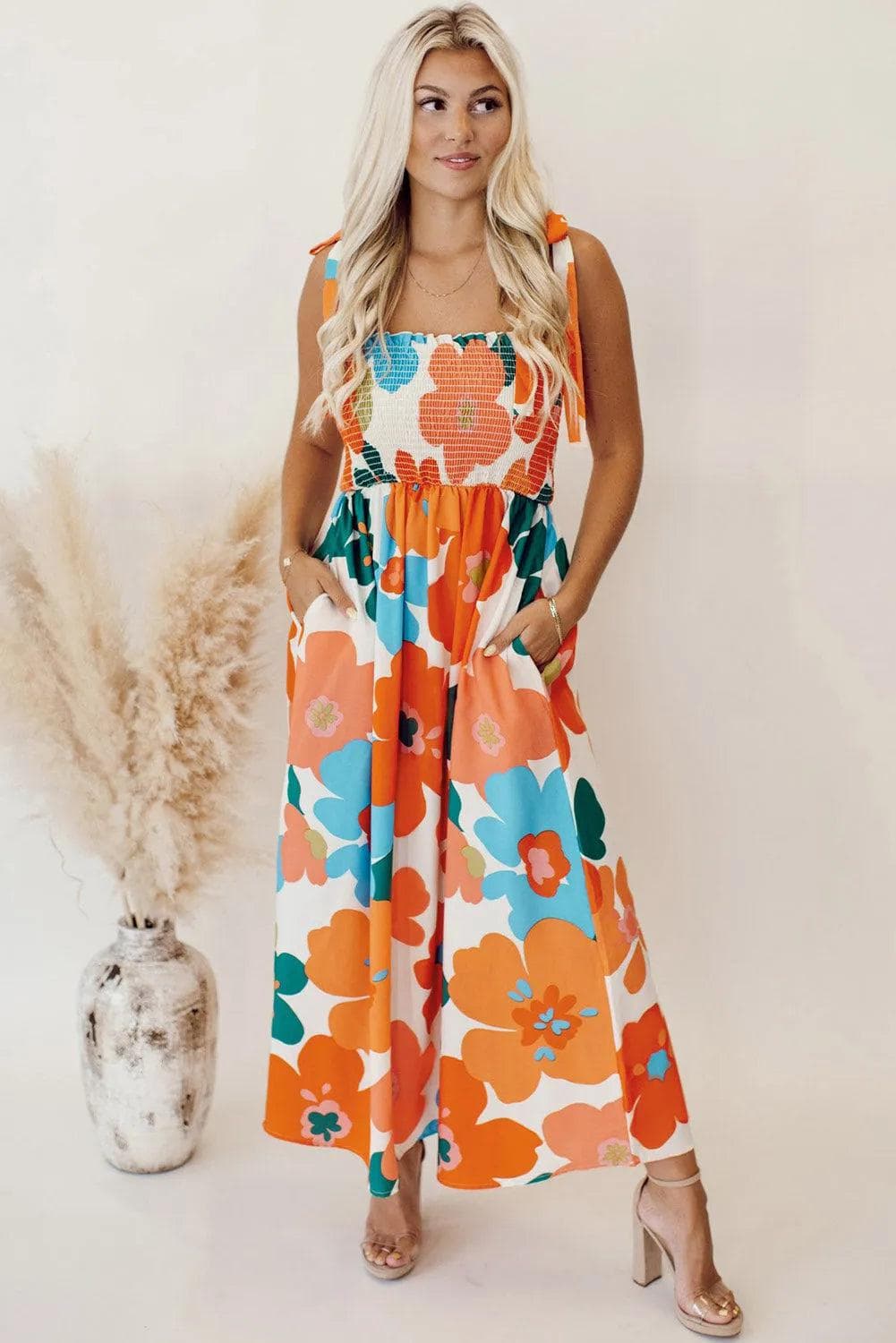 Dresses/Floral Dresses Orange Floral Self Tied Straps Smocked Bust Maxi Dress