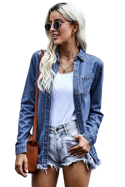 Blue Ripped Denim Jacket - Chic Meadow Boutique 