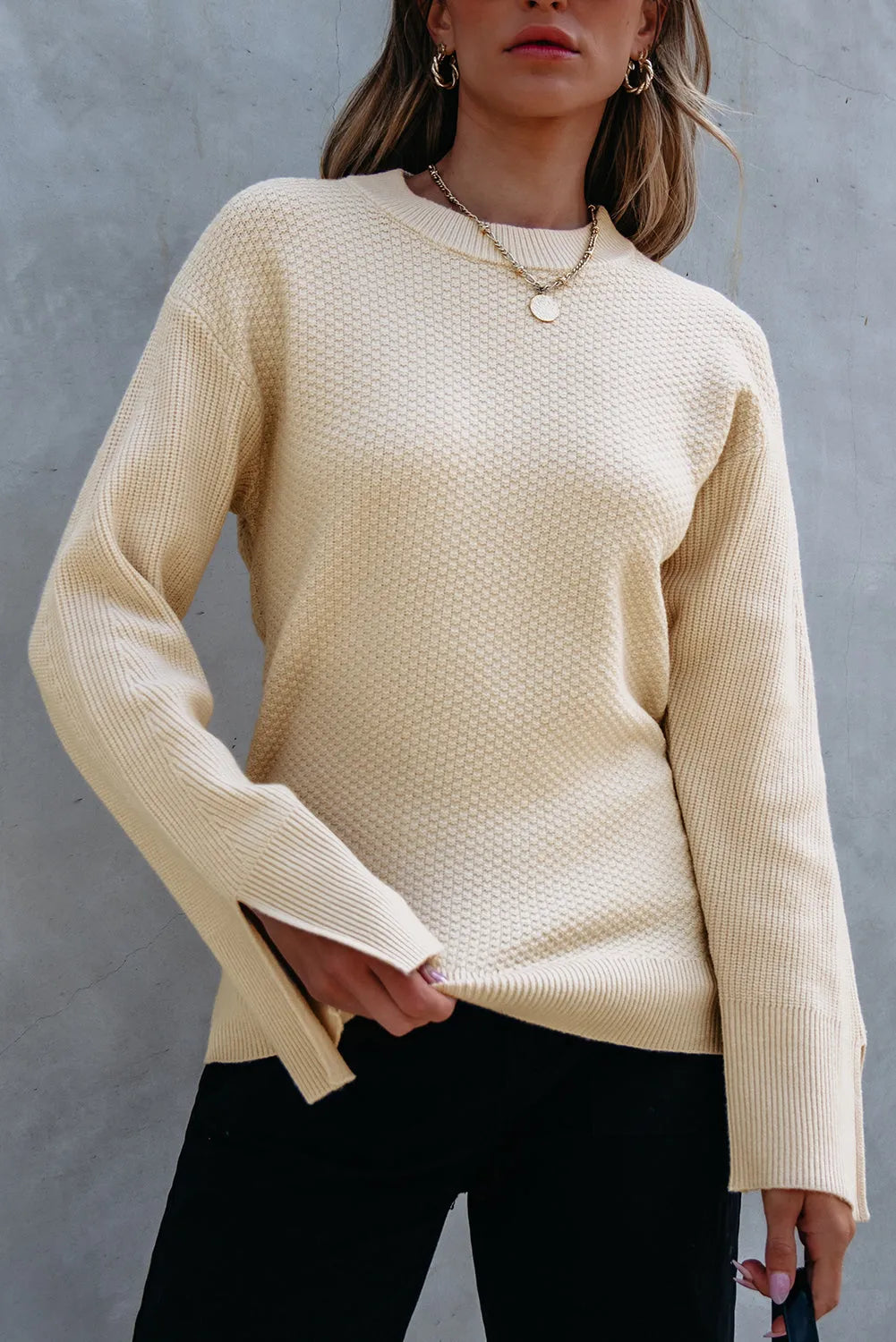 Parchment Solid Textured Knit Split Cuff Drop Shoulder Loose Sweater - Chic Meadow Boutique 