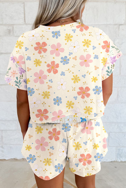 Apricot Floral Print Crop Top Wide Leg Short Set