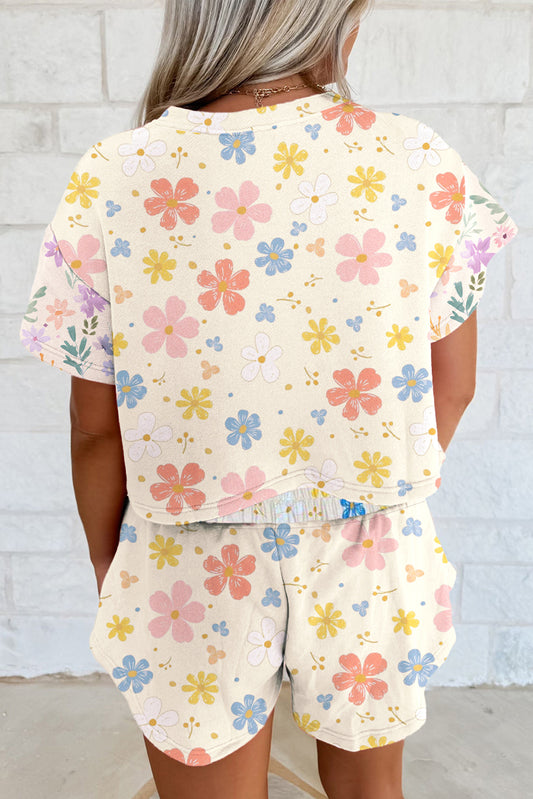 Apricot Floral Print Crop Top Wide Leg Short Set