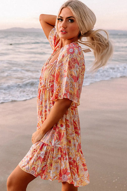 Orange Wide Flutter Sleeve Floral Dress - Chic Meadow Boutique 