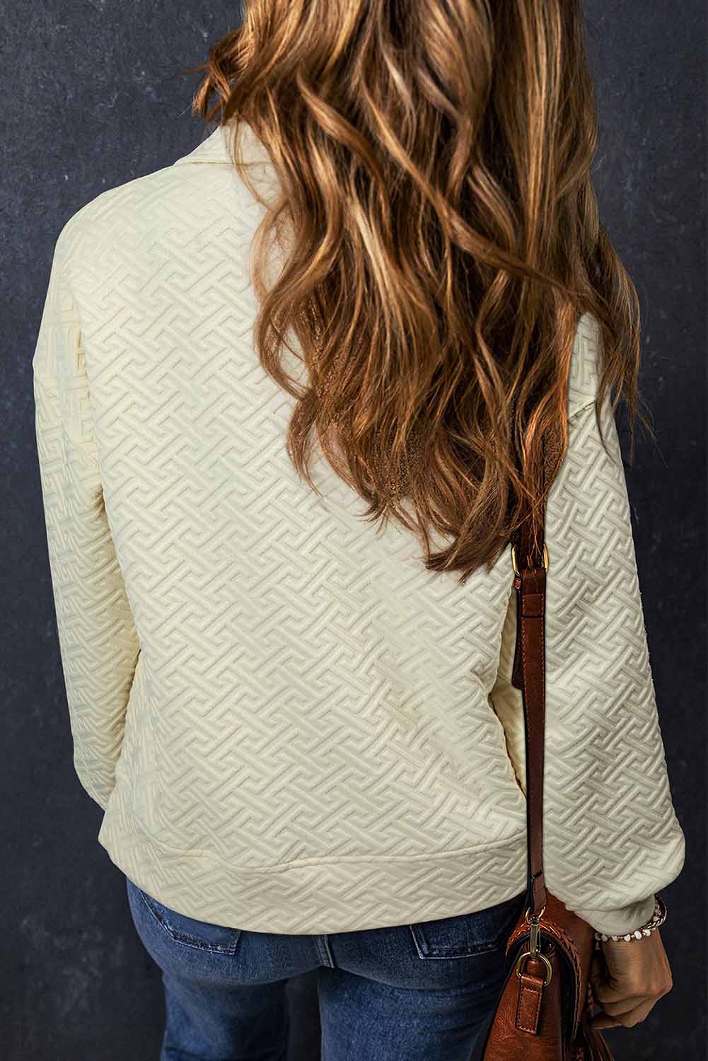 Beige Solid Textured Half Zipper Collared Sweatshirt