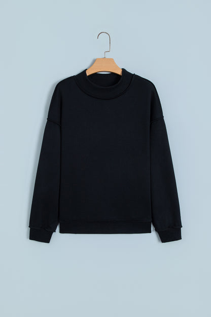 Black Oversize Drop Shoulder Reversible Mock Neck Sweatshirt