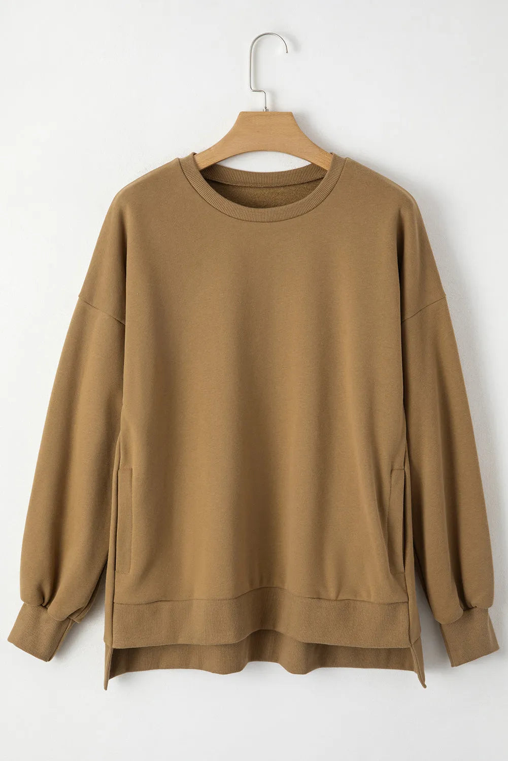 Camel Solid Fleece Lined Drop Shoulder High Low Sweatshirt - Chic Meadow Boutique 