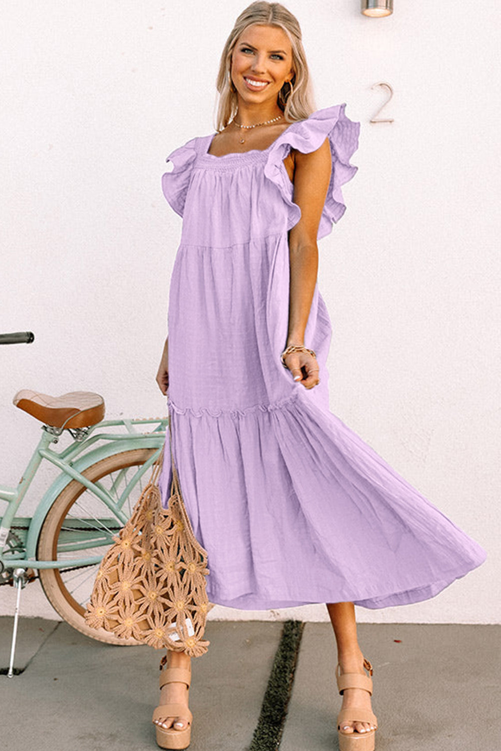 Purple Ruffled Flutter Sleeve Square Neck Textured Tiered Maxi Dress