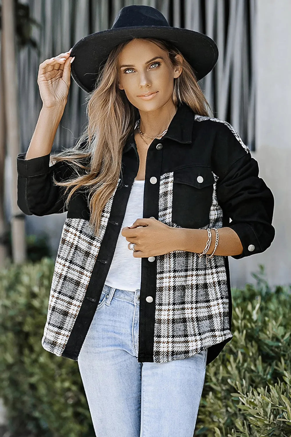 Black Plaid Patchwork Raw Hem Denim Jacket - Chic Meadow Boutique 