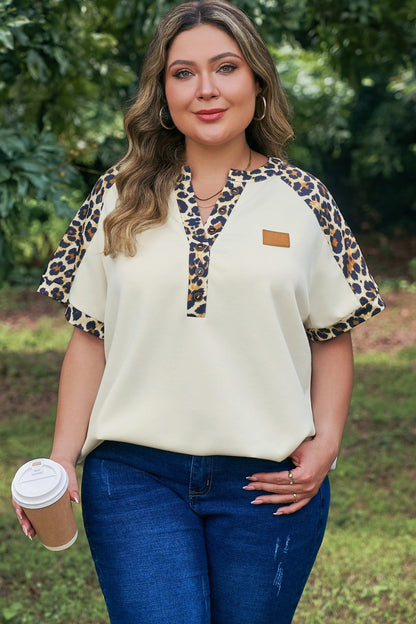 Beige Plus Size Leopard Contrast Patchwork Polo Tee