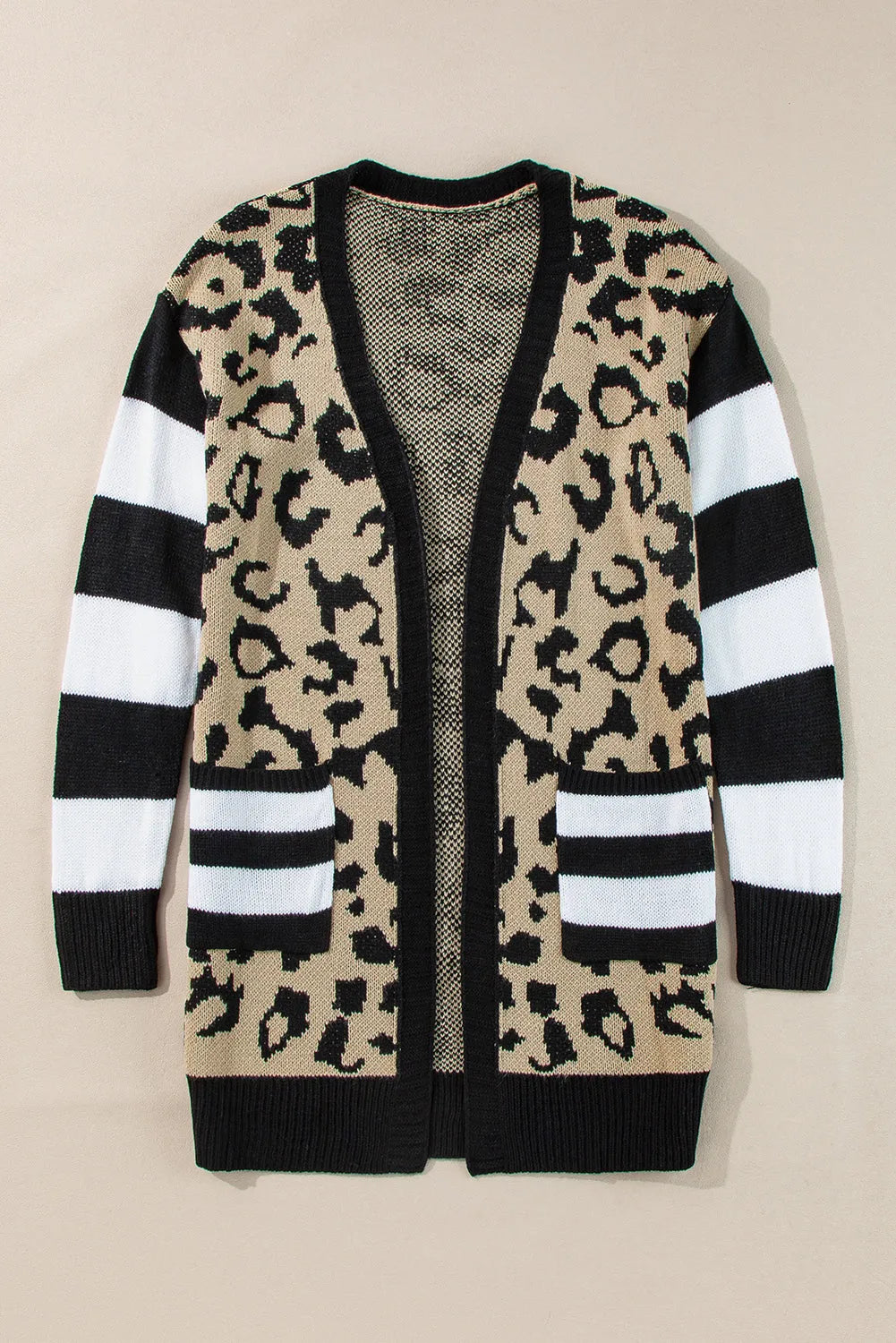 Black Stripe Sleeve Leopard Print Open Front Cardigan With Pockets - Chic Meadow Boutique 