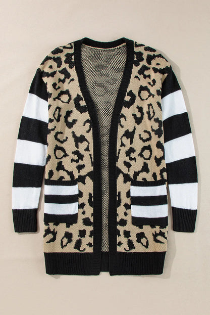 Black Stripe Sleeve Leopard Print Open Front Cardigan With Pockets - Chic Meadow Boutique 