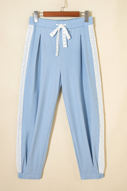 Beau Blue Lace Accent Floral Patched Pocket Pleated Wide Leg Slouchy Pants
