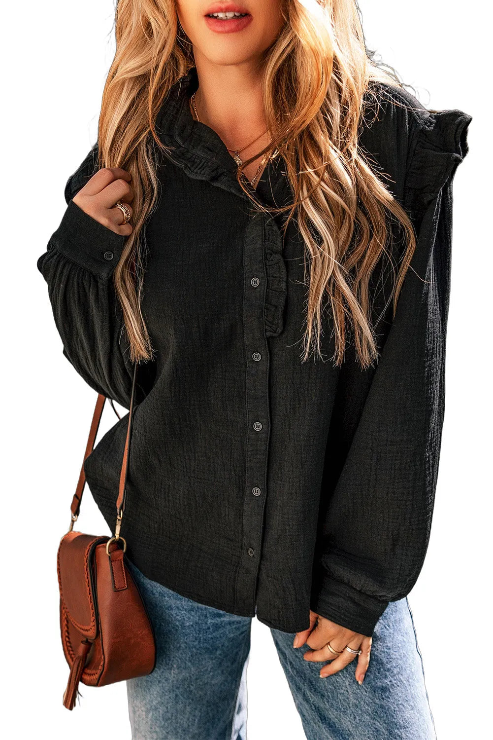 Black Textured Ruffled Trim Buttoned Loose Fit Shirt - Chic Meadow Boutique 