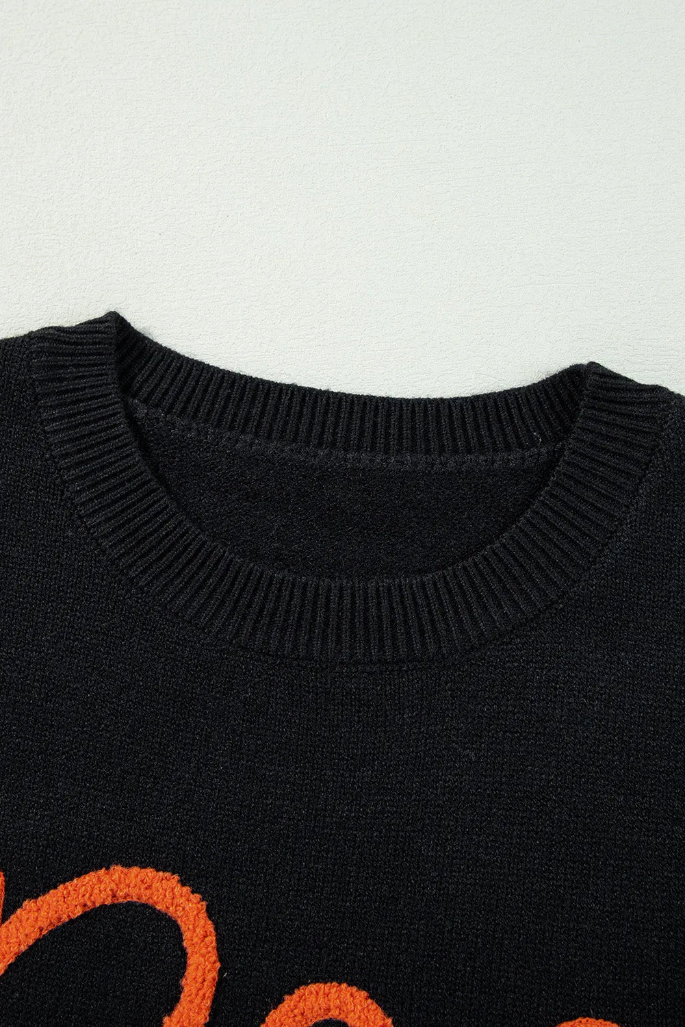 Black Boo Knitted Pattern Ribbed Edge Drop Shoulder Sweater - Chic Meadow Boutique 