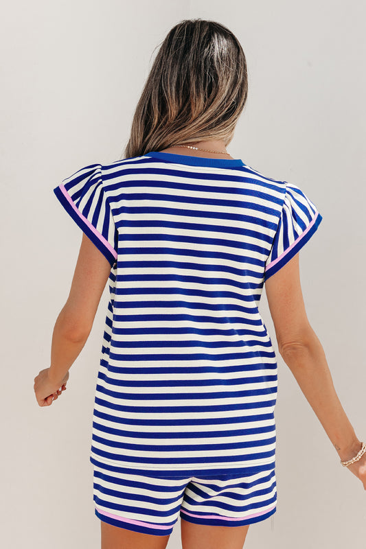 Blue Stripe Contrast Trim Cap Sleeve Top Casual Shorts 2pcs Set