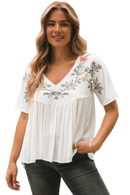 White Floral Embroidered V Neck Crinkle Babydoll Blouse - Chic Meadow Boutique 