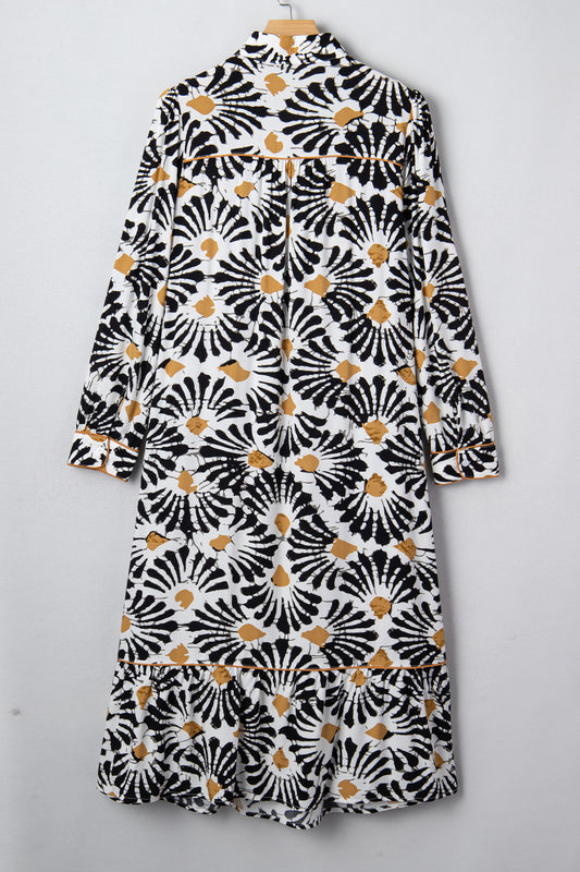 Black Abstract Floral Print Split V Neck Long Dress with Sleeves