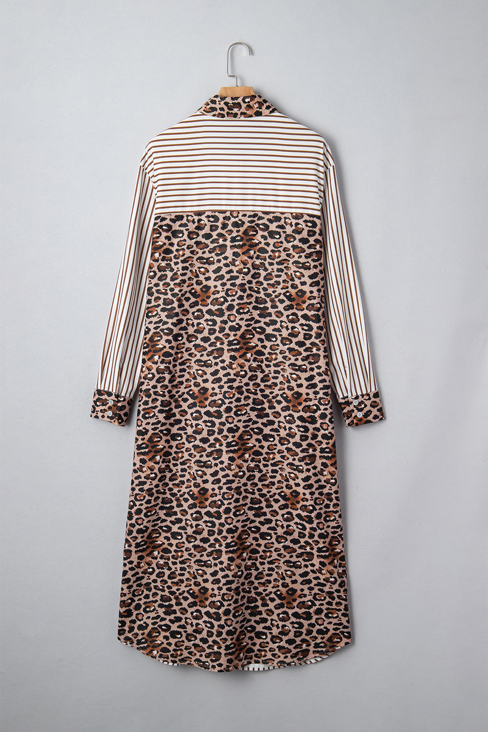 Brown Stripe Contrast Leopard Patchwork Long Shirt Dress with Slits