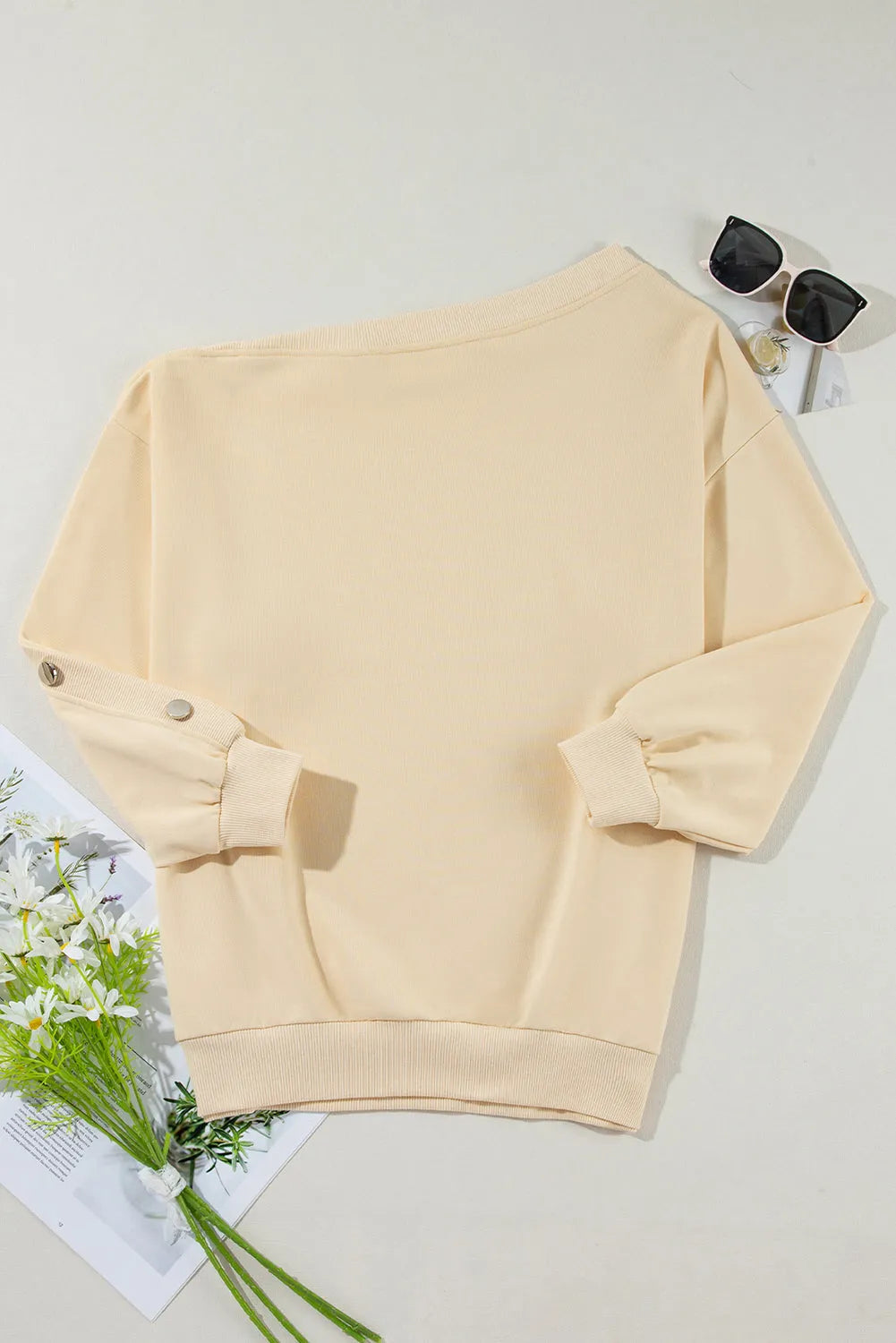 Beige Buttoned Sleeve Dropped Shoulder Sweatshirt - Chic Meadow Boutique 