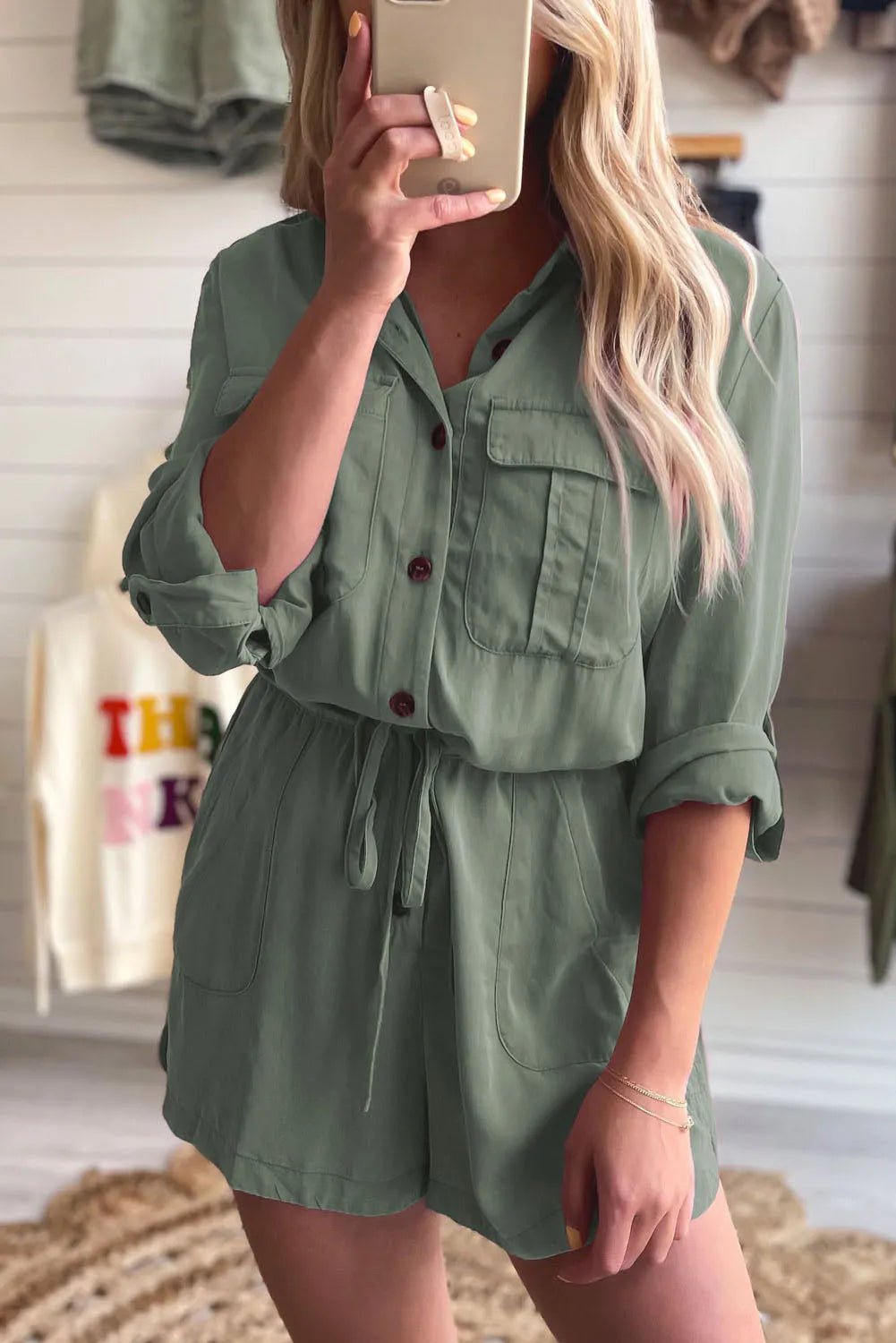 Jungle Green Roll up Sleeve Flap Pockets Drawstring Playsuit - Chic Meadow Boutique 