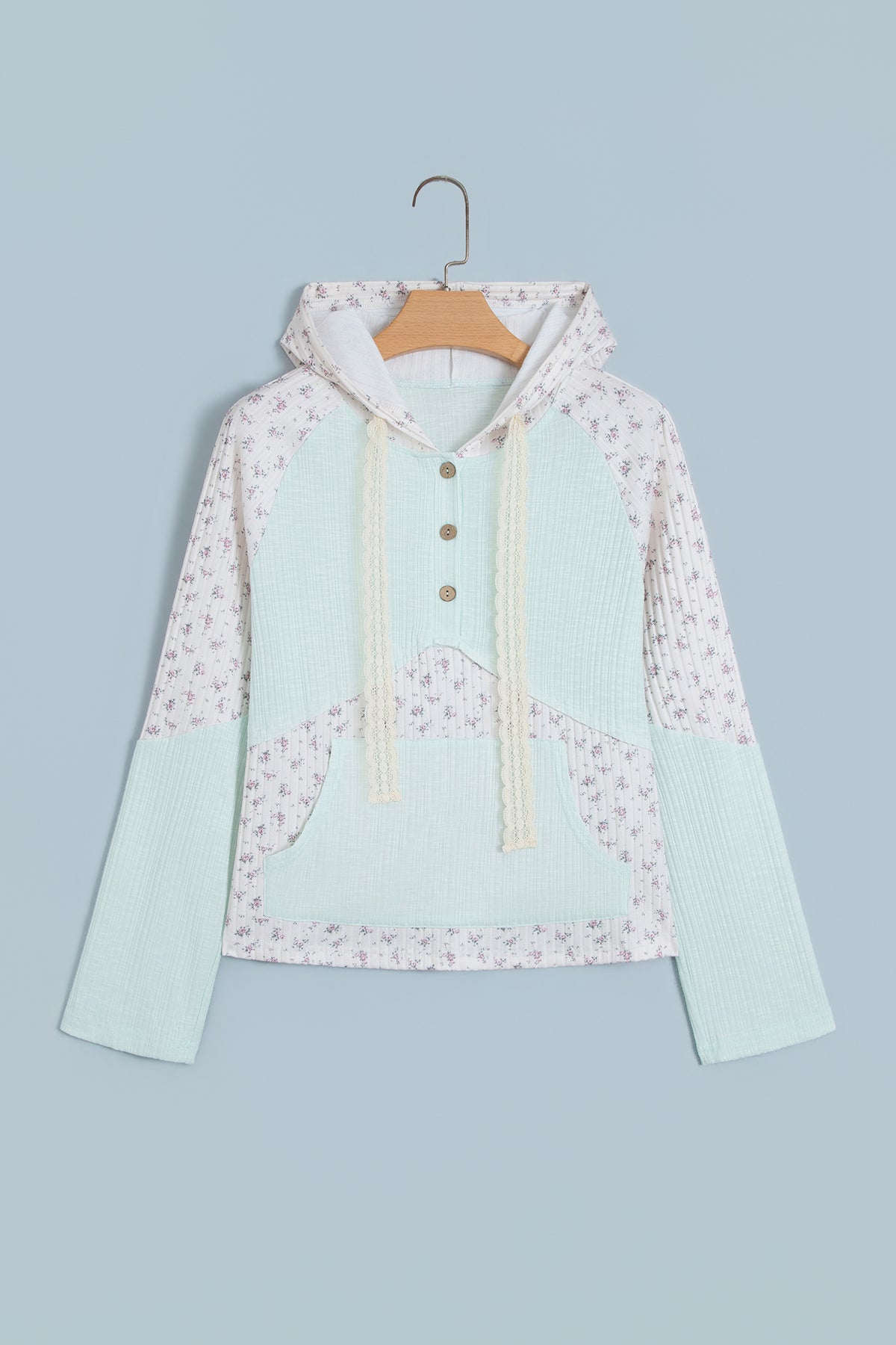 Clearly Aqua Textured Floral Patchwork Button Hooded Long Sleeve Top