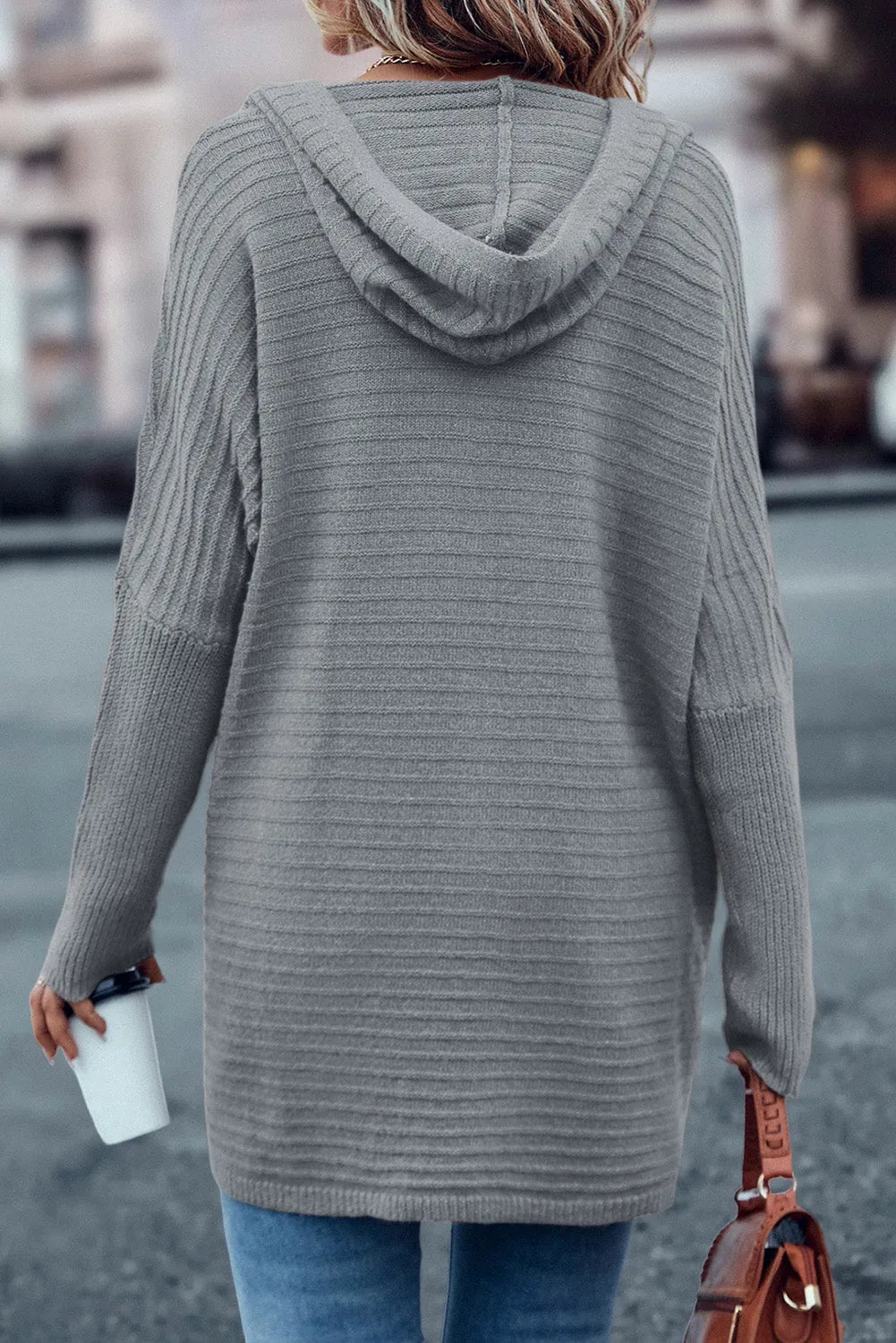 Gray Horizontal Rib Knitted Open Front Hooded Cardigan - Chic Meadow Boutique 